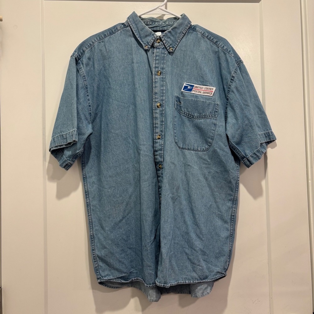 Vintage USPS United States Postal Service Denim Shirt Short Sleeve Blue Large